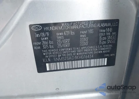 2019 Hyundai Santa Fe Se from USA, damaged, VIN 5NMS23AD3KH076434